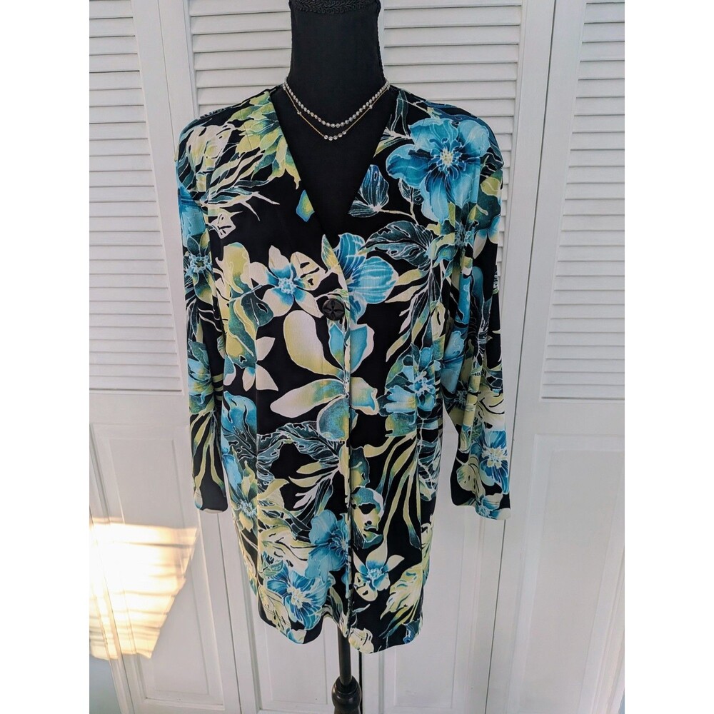 ADDITIONS CHICO’S  Women XL/3 Blue Green Flowy Jacket Tunic Tropic Hawaiian Knit